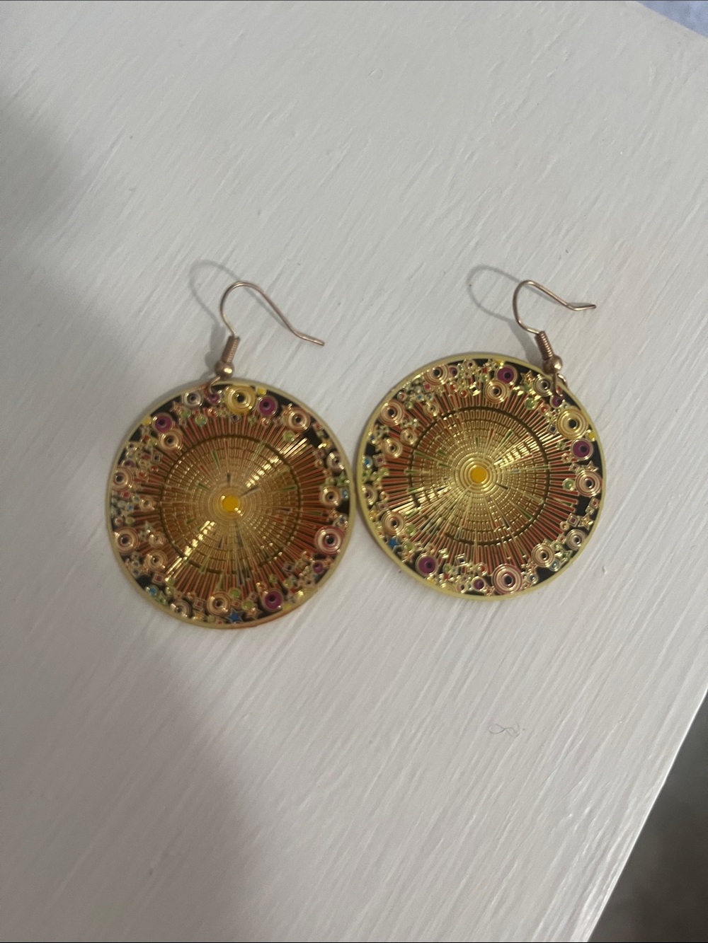 Gold Circular Sunburst Drop Earrings by